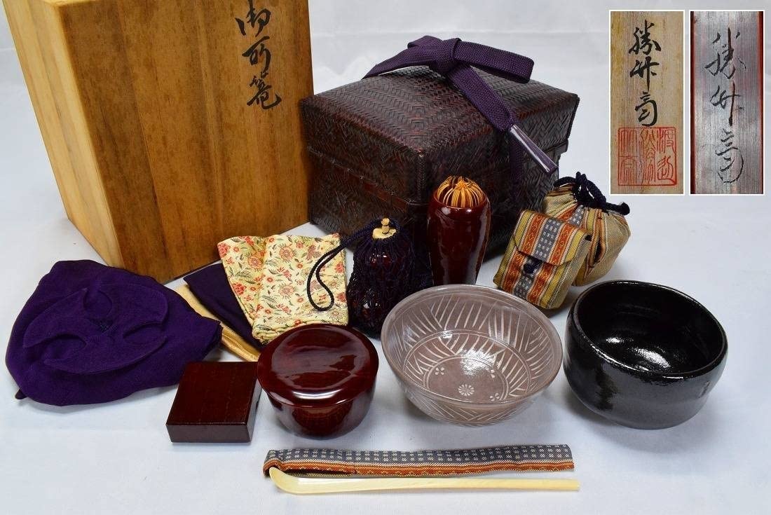 竹編茶籠茶箱茶杓(玉付)茶道具一式 共箱 茶碗棗香合巾