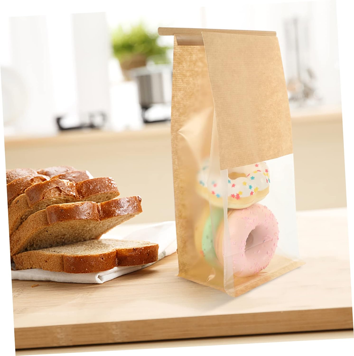 50pcs Window Bread Bags for Baking Toast Cookie Storage Kraft Pouches for Treats Snacks Baked Goods for Giving and Bakery Supplies