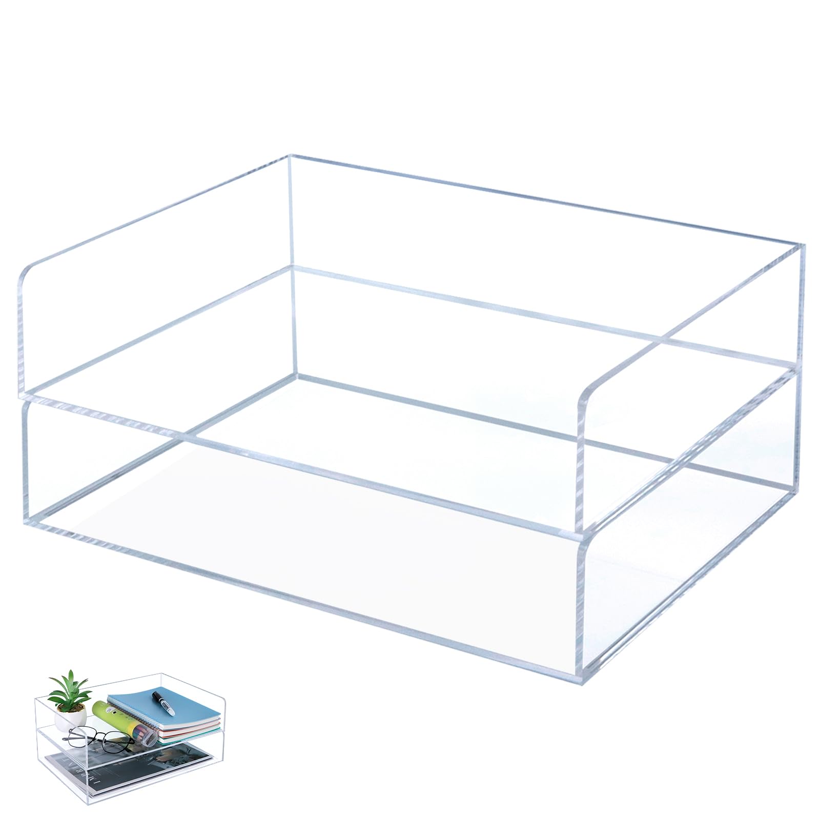 Clear Acrylic Desk Organizers, FHDUSRYO 2-Tier Paper Organizer Tray, Stackable Classroom File Storage, Workspace Supplies Accessories for Office Home Documents A4 Notebook