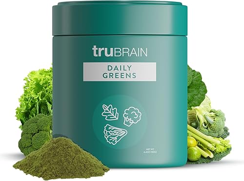 TruBrain Daily Greens: Nutrición sostenida del cerebro | 75 ingredientes a base de plantas, superalimentos y probióticos en polvo de verduras |