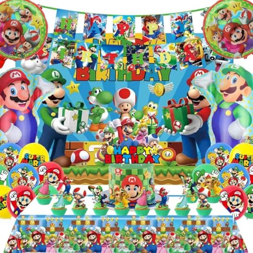 Birthday Party Decorations,48PCS Mario Cartoon Theme Supplies - 1 Backdrop, 1 Banner, 4 Aluminum...