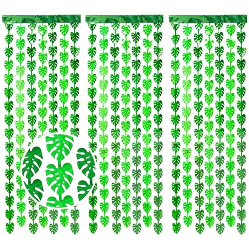 Image of 3 Pack Jungle Leaf Foil Fringe Curtain for Jungle Party Decorations, 3.3x6.6Ft Safari Theme Leaf Tinsel Streamer Backdrop, Photo Booth Prop Zoo Animal Birthday Party Supplies Baby Shower Favors