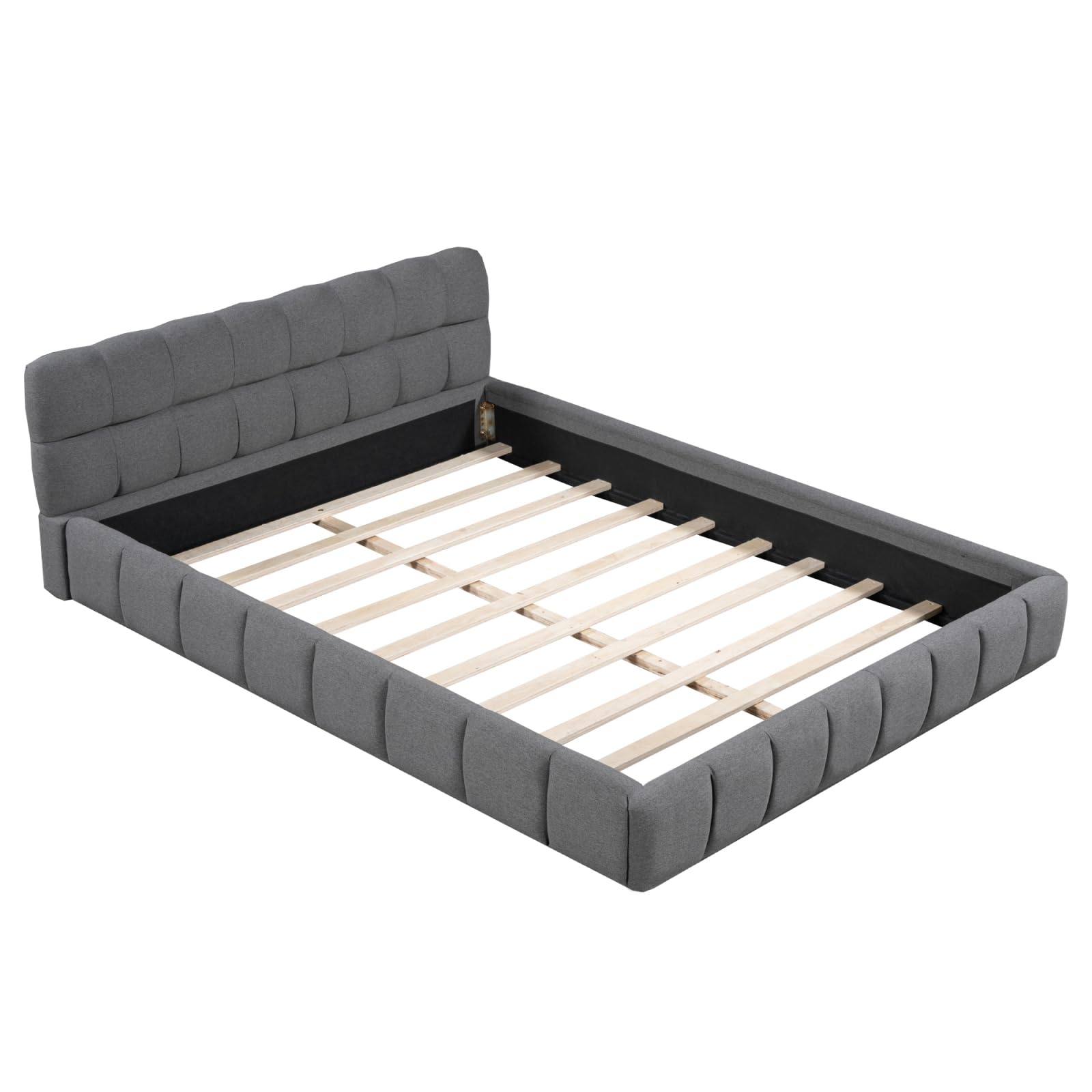 Cama acolchada de 140 x 190 cm, cama de matrimonio acolchada de tela con estructura de cama con cabecero y somier de láminas, cama de matrimonio para niños, respaldo suave y estructura acolchada (gris