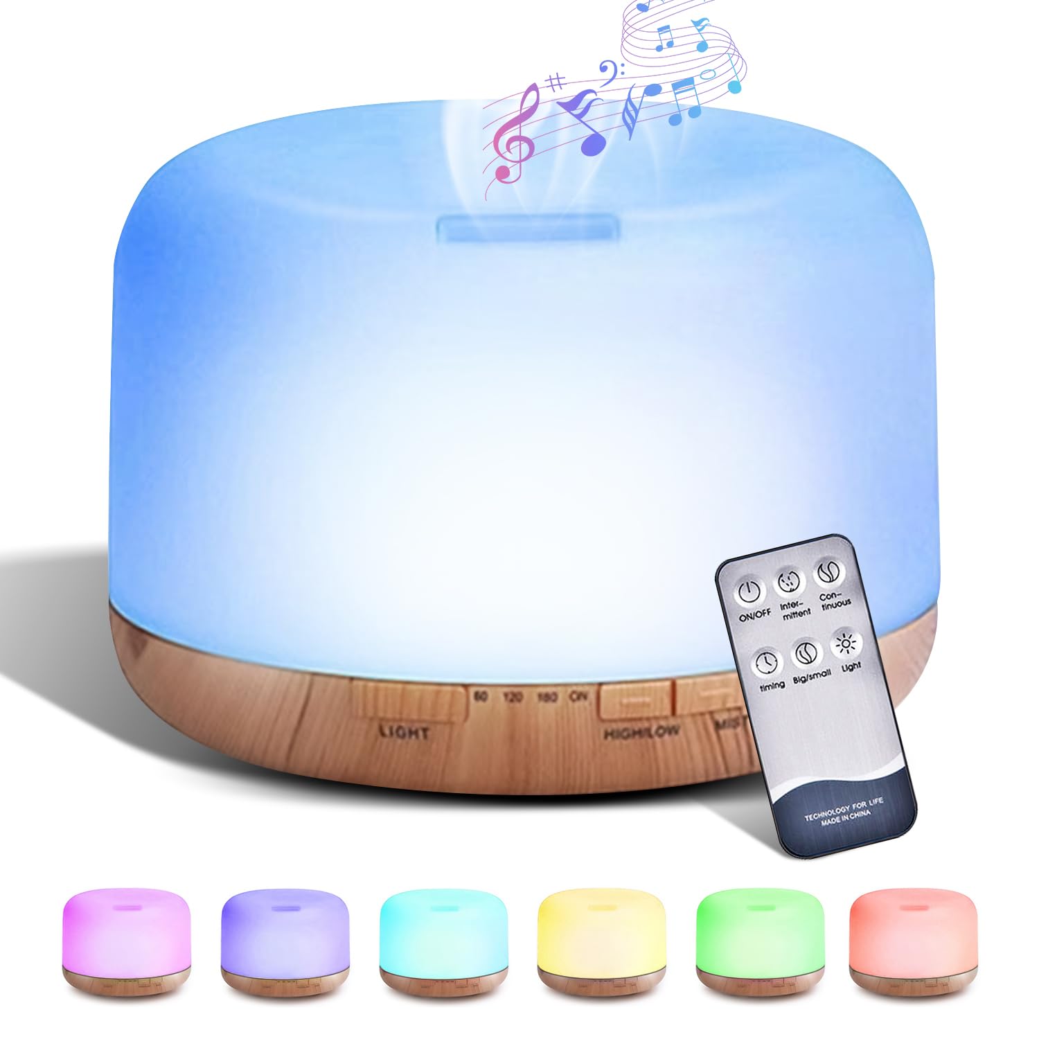 Yakiter 500ml Essential Oil Diffuser, Upgraded Aromatherapy Diffuser with Bluetooth Speaker,Remote,4 Timer and 7 Color Lights, Cool Mist Humidifier with Auto Shut-off Function for Home Bedroom Office