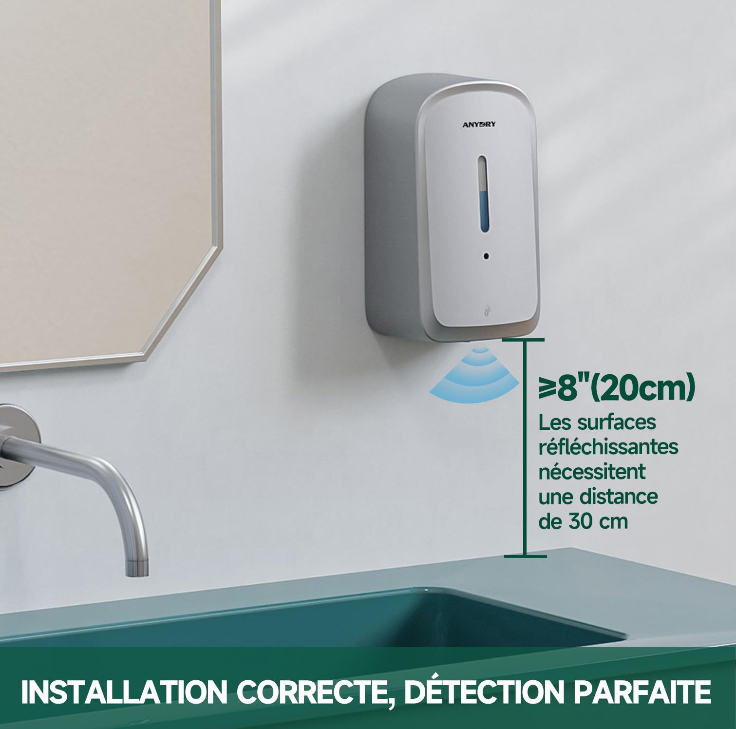 anydry Distributeur Automatique de Savon Liquide Professionnel de 1000 ML, à Montage Mural, sans Contact, pour Toilettes à Fort trafic, Bureaux, hôpitaux, modèle 1220S Argent