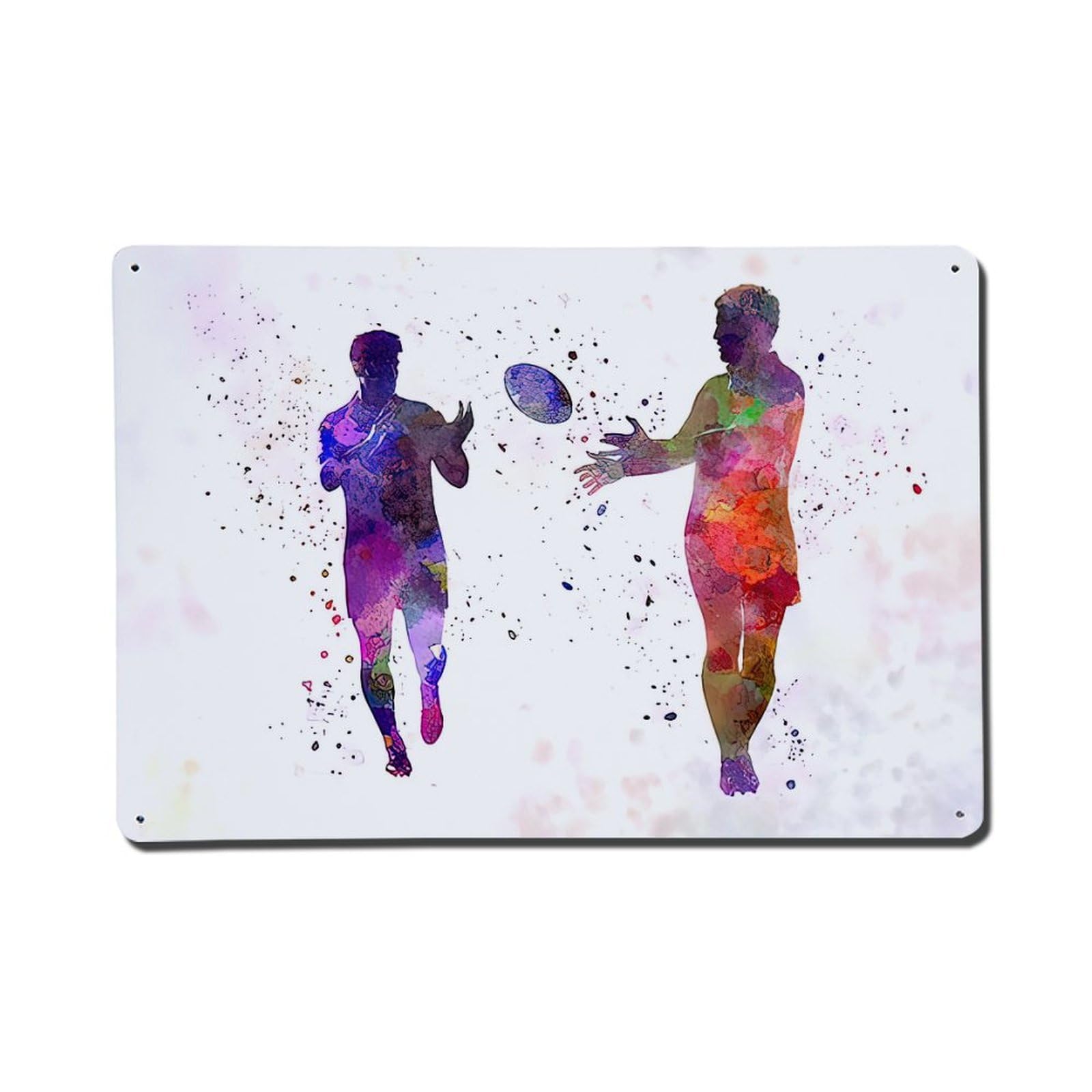Rugby Men Players Watercolor Metal Tin Sign Plaque Wall Decor for Cafe, Club Bar, Office, Home Garden Metal Poster 8x12Inch