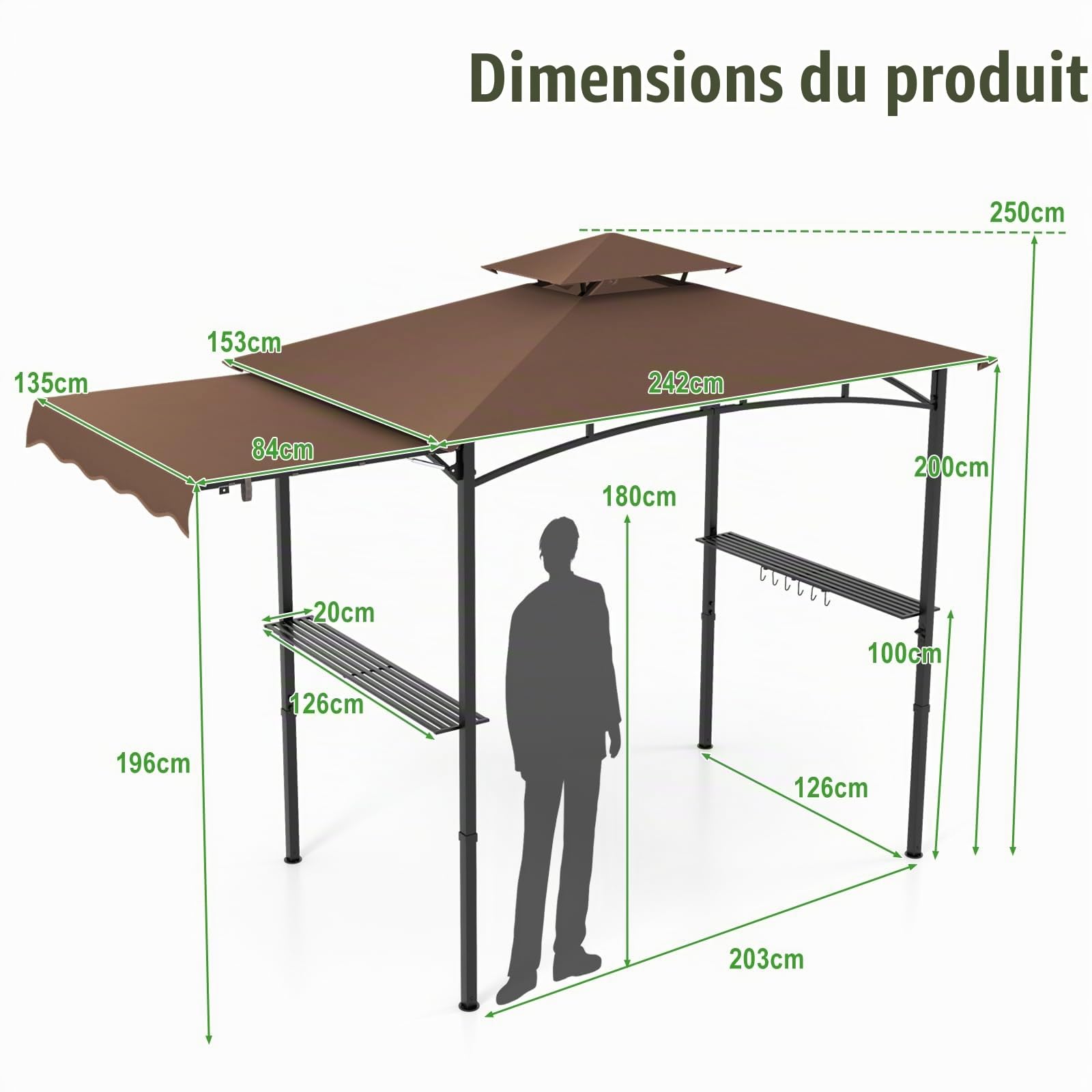 HOMASIS 3 m Tonnelle de Jardin Pliante Extérieur avec Auvent Latéral, Gazebo Barbecue avec Double Toit, 2 Tables, Crochets et Ouvre-Bouteilles, Pergola de Réception Résistant aux Intempéries (Brun)