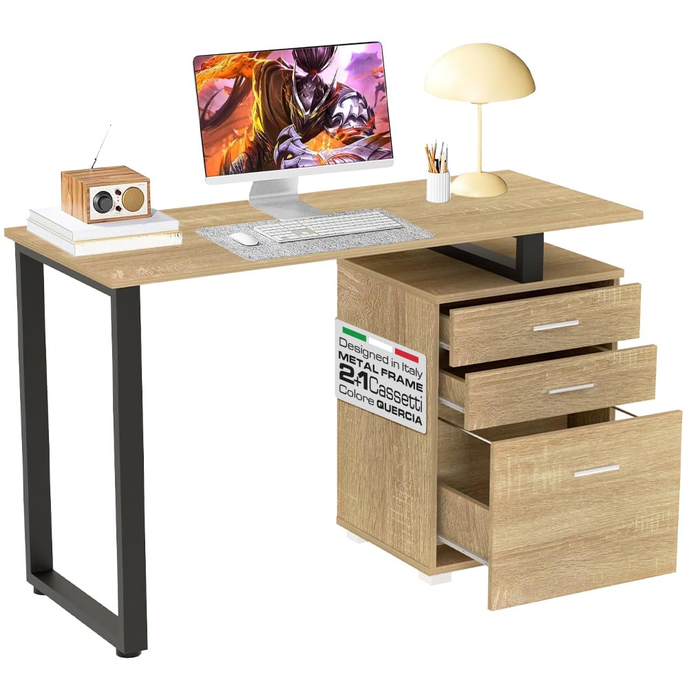 BAKAJI Escritorio con cajonera, 3 cajones, Mesa de Trabajo, Porta Ordenador, de Madera con Estructura de Acero, diseño Moderno, 120 x 50 x 75 cm, decoración para casa, Oficina, (Roble Claro)