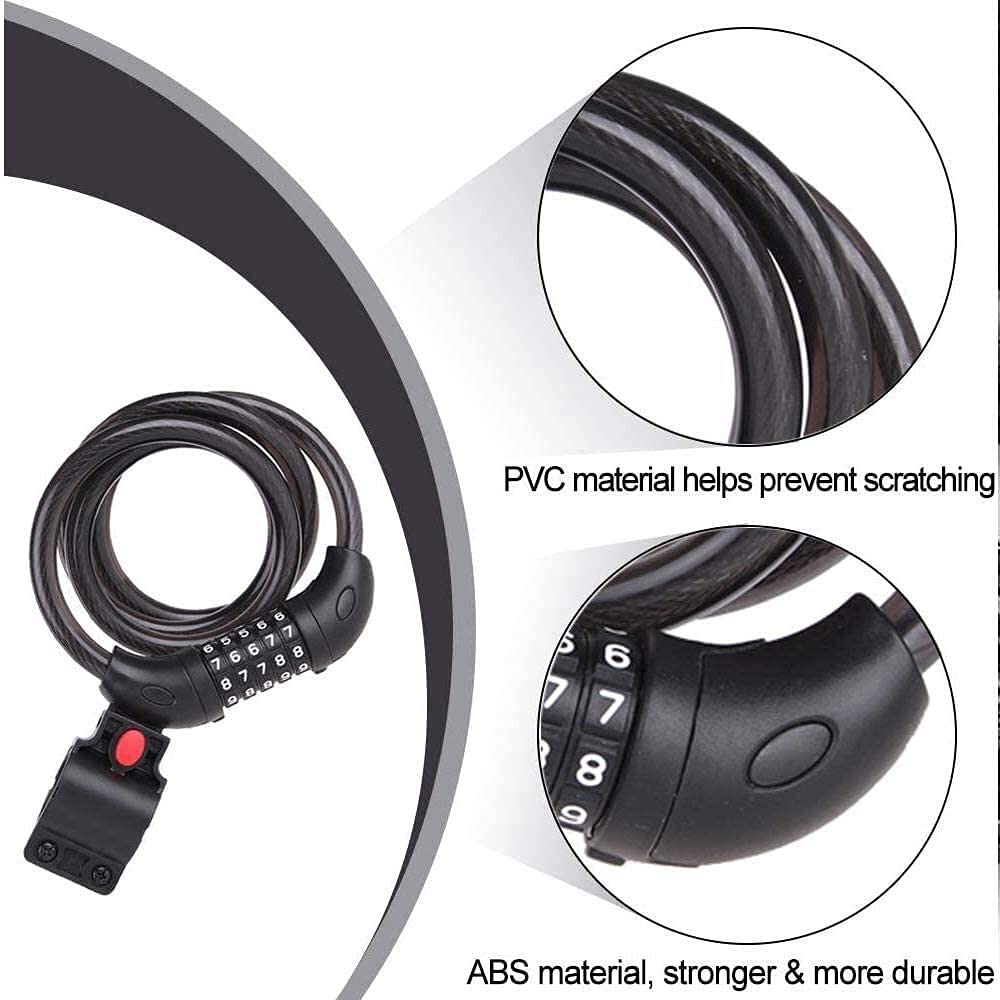 Candado de Cable para Bicicleta, combinación reiniciable de 5 dígitos de Alta Seguridad, núcleo Interior de 4,5 mm de Grosor y Cable de Acero Resistente, Negro, 1,2 m (Color: Negro; tamaño: 1,8 m)