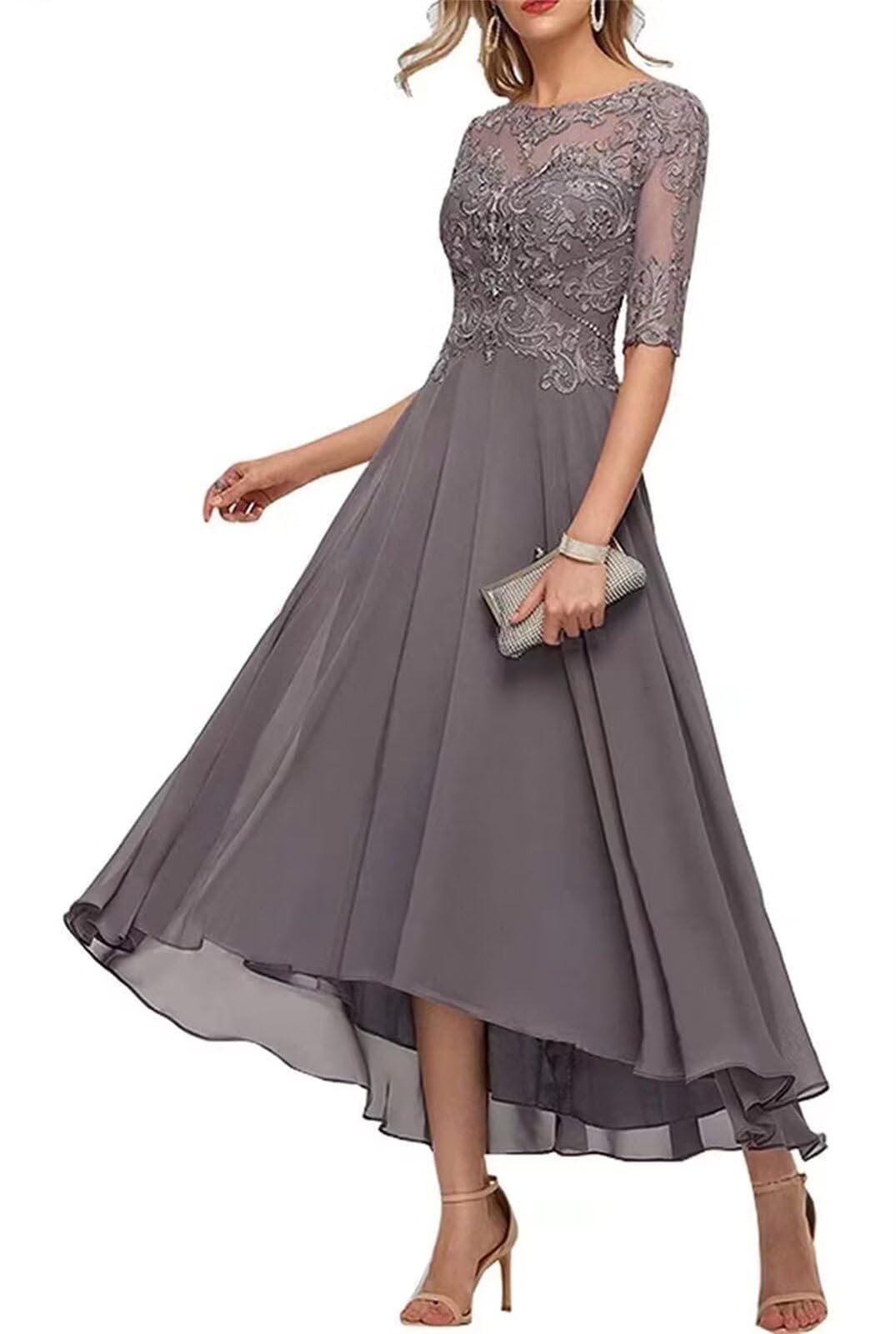 Kiyne Women's Dusty Wisteria Mother Of The Bride Dresses For With Sleeves Chiffon Scoop Neck Plus Size High Low Formal Evening Dress Uk22