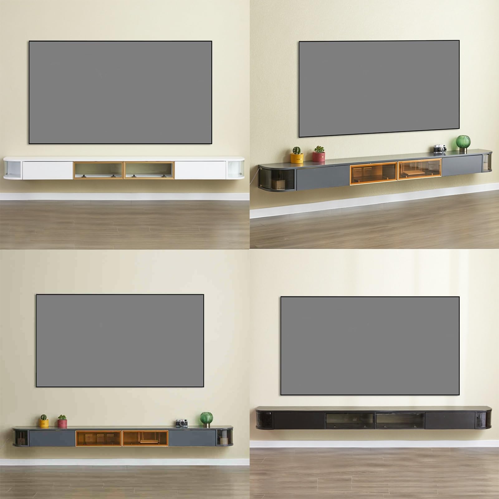 Mobile TV sospeso da parete, console multimediale minimalista con ampio spazio per soggiorno e camera da letto, elegante design grigio, soluzione salvaspazio da 200 cm