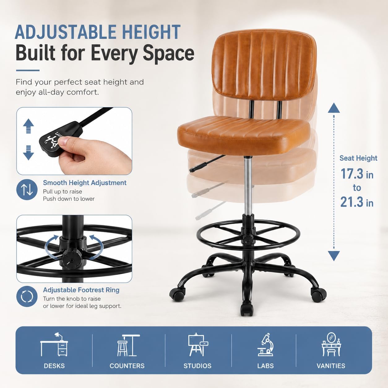 Simple Deluxe Armless Drafting Chair, Low Back PU Leather Office Seat with Footrest Ring, Swivel Rolling Stool for Standing Desk, Studio, Lab, Counter and Small Spaces, Brown