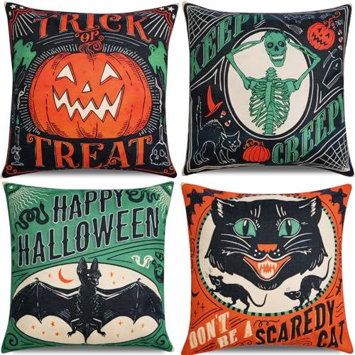 Vintage Halloween Decor-Throw Pillow Covers 18x18 in set of 4,Retro...