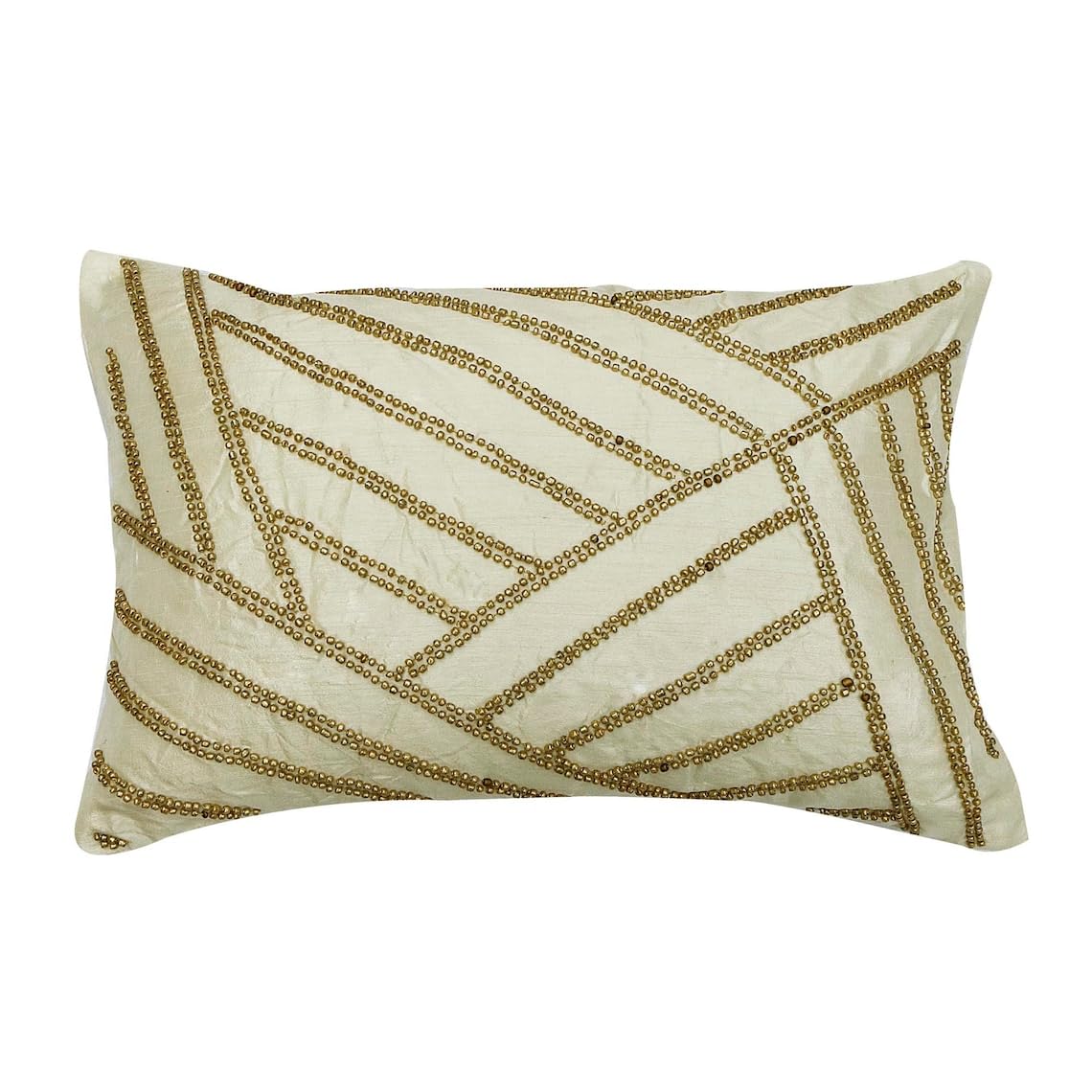 Designer Ivory 12"x26" (Pack of 2, 30x65 cm) Oblong Cushion Covers, Silk Wooden Beads Lumbar Cushion Covers, Geometric Pattern Modern Style - Gold Light โ image 1