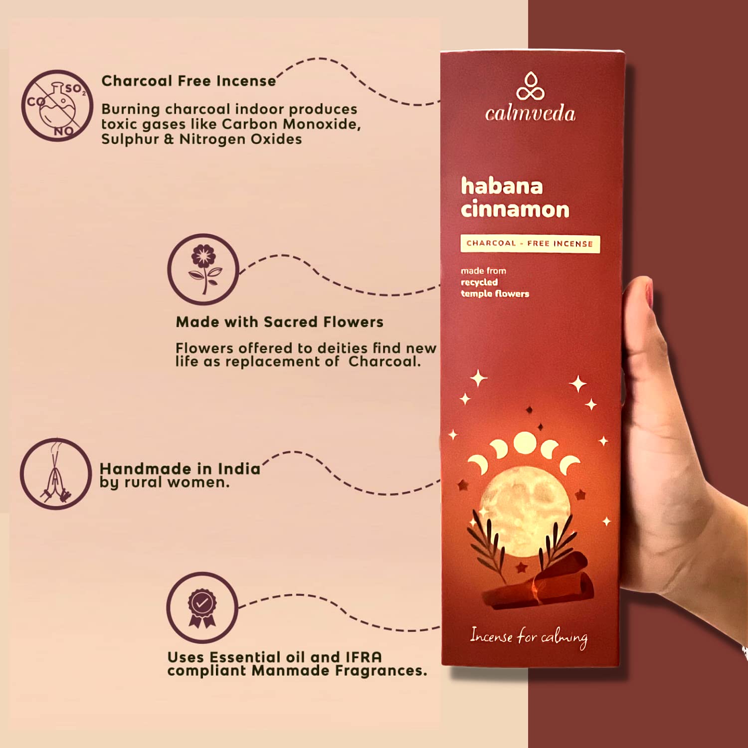 Havana Cinnamon Incense Sticks Exotic-Calming Cinnamon Incense (80 Sticks) Charcoal Free, Made from Upcycled Flowers - Image 2