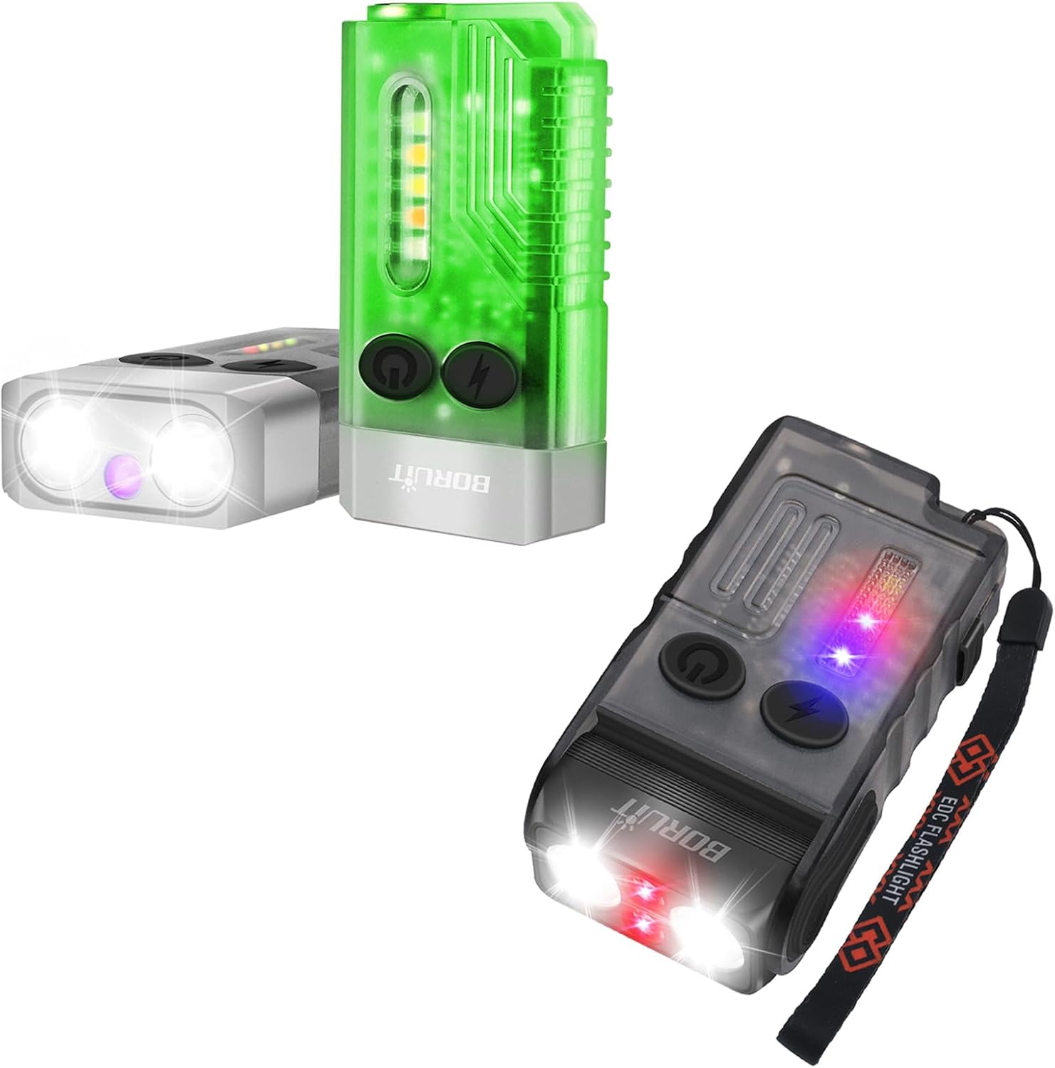 BORUIT V10 Keychain Flashlight with 365nm UV Light, 80dB Buzzer and V20 Super Bright Mini Pocket Flash Light with Red Light,Clip,180° Head Swivels,110DB Buzzer