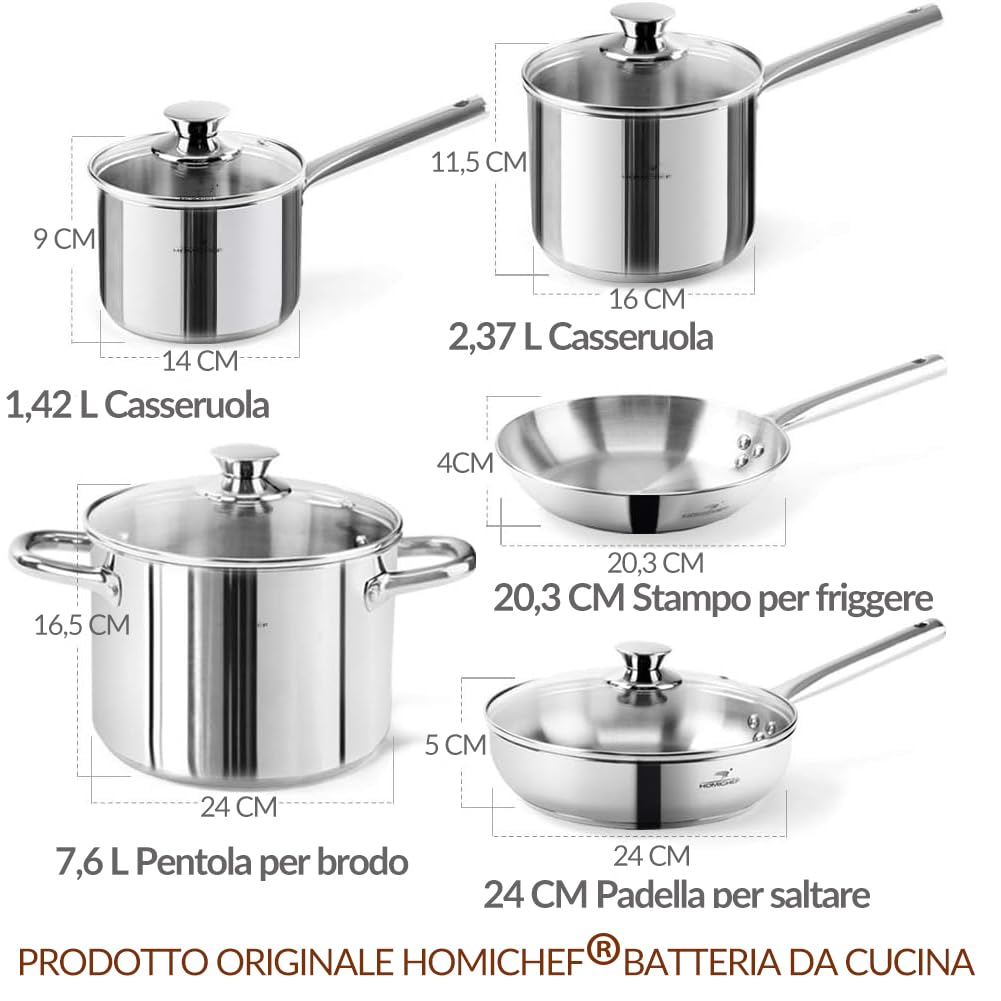 HOMICHEF Set di pentole e padelle in acciaio inox senza nichel, 14 pezzi, atossiche e salutari a induzione