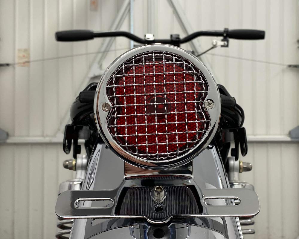 Fanale posteriore a LED per moto, stile vintage, con griglia in rete retrò e supporto per targa, ideale per Cafe Racer, Chopper e moto personalizzate, LED da 12 V (cromato)