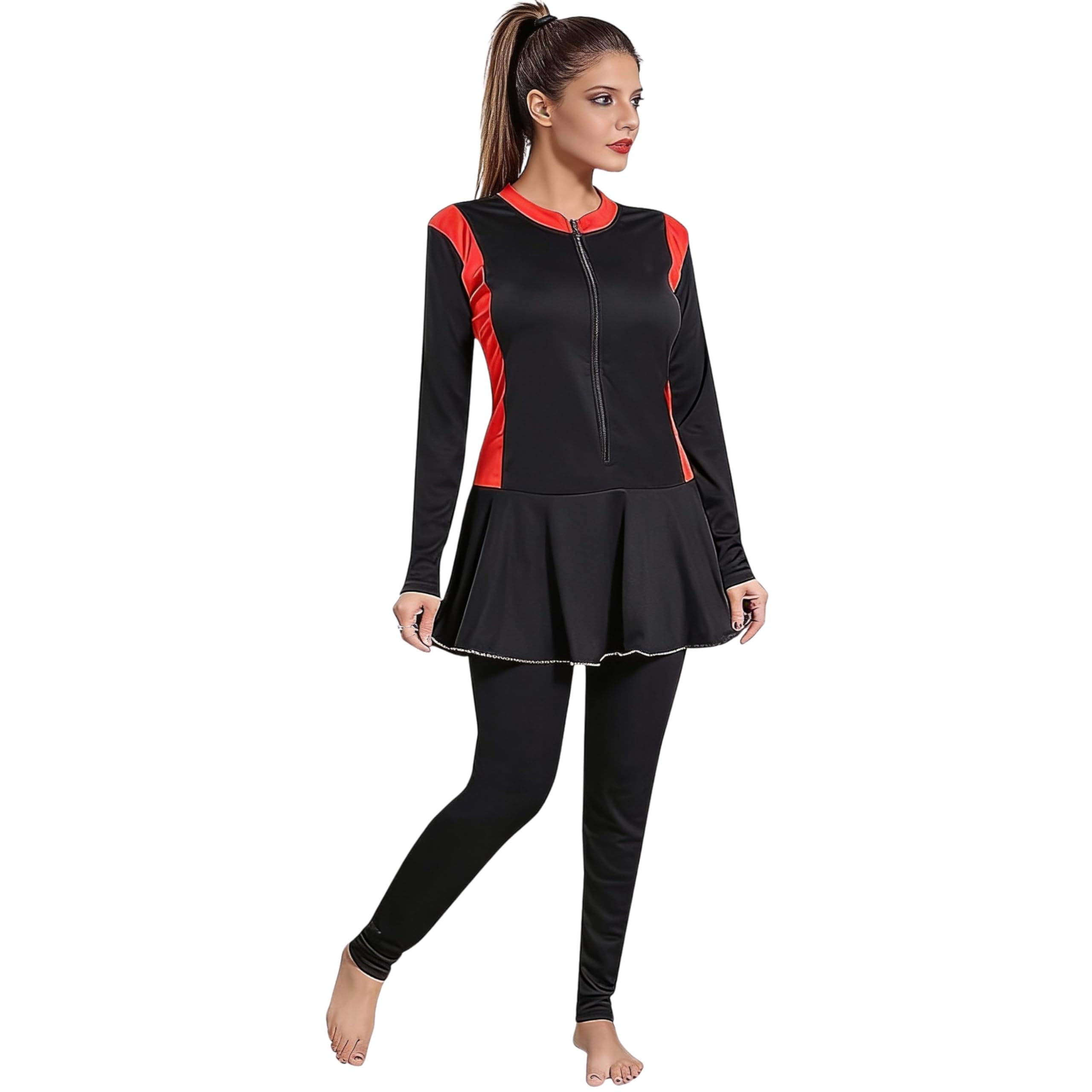 Sponsored Ad - ZIUM Poly-Jersy Full Body Swimming Costume for Women with Removable Chest Pads Frock Style with Piping