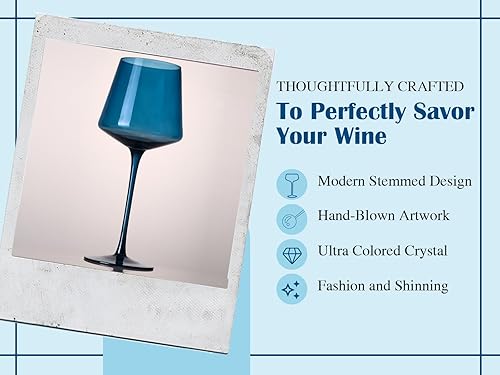 Miniatura 8 de Physkoa Juego de 6 copas de vino de colores, copas de vino de cristal sopladas a mano con tallos, elegantes y elegantes, copas de vino coloridas