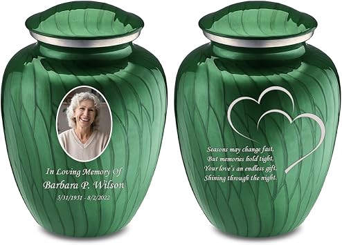 Geturns Embrace Adult Personalized Heart Cremation Urns for Human Ashes _Pearl Green Double Sided, Adult, Portrait with Hearts