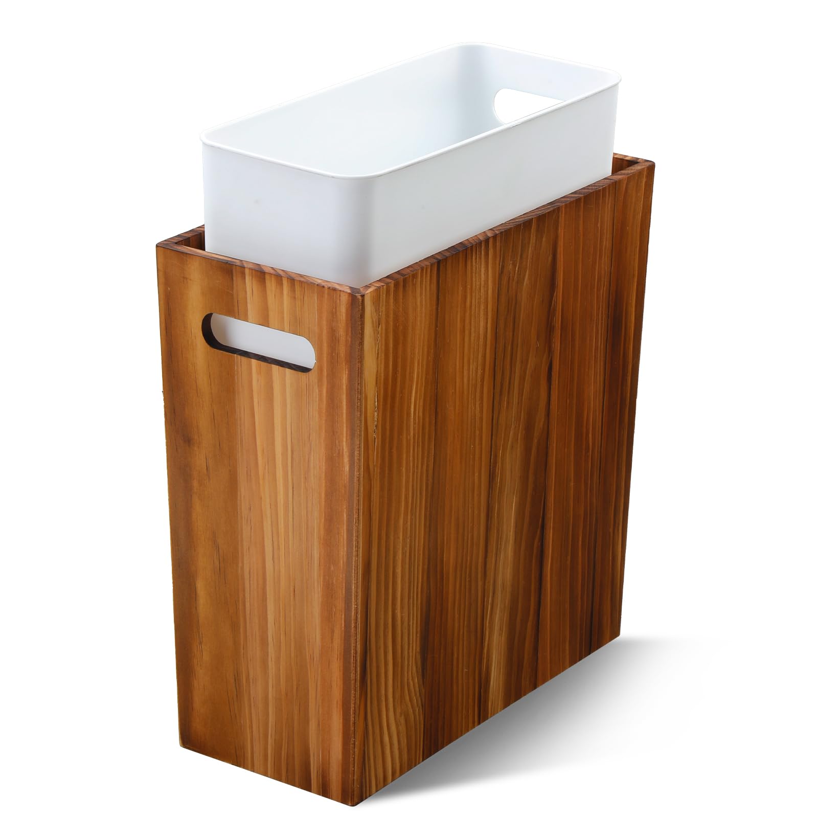 3 Gallon Wooden Trash Can with Liner Small Solid Wood Bathroom Trash Can Narrow Garbage Can Decorative Waste