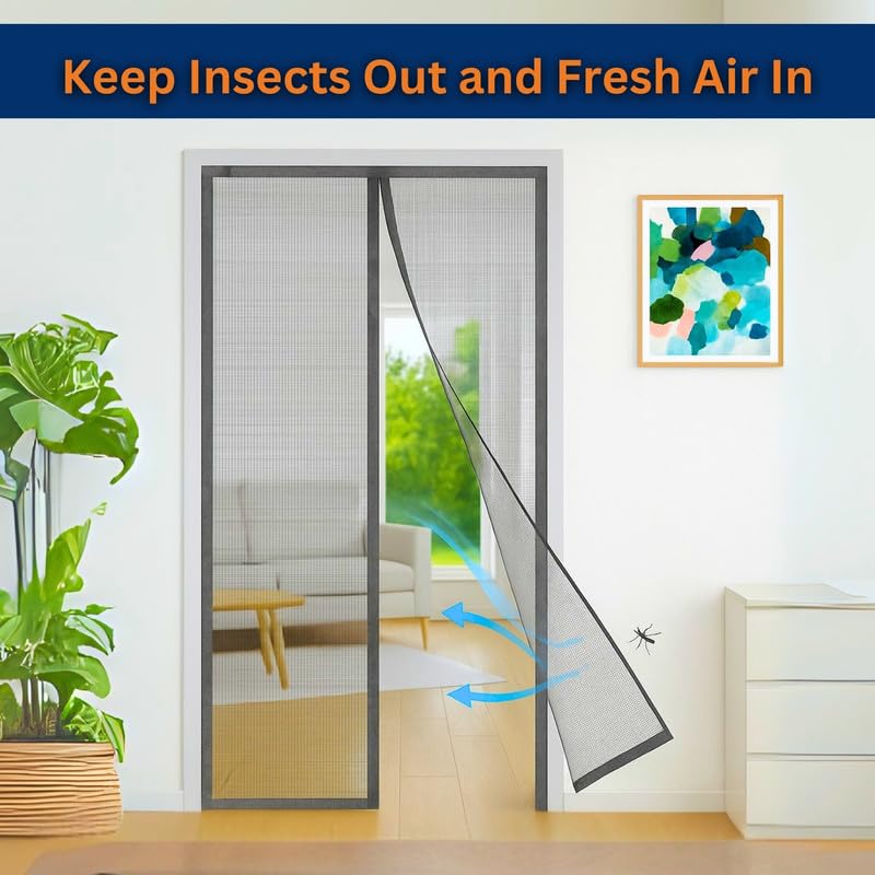 Image of Royalkart 105x210cm Grey | Magnetic Mosquito Net for Door | Fiberglass Screen Curtain with 34 Magnets | Auto-Closing Mesh to Keep Mosquitoes Out
