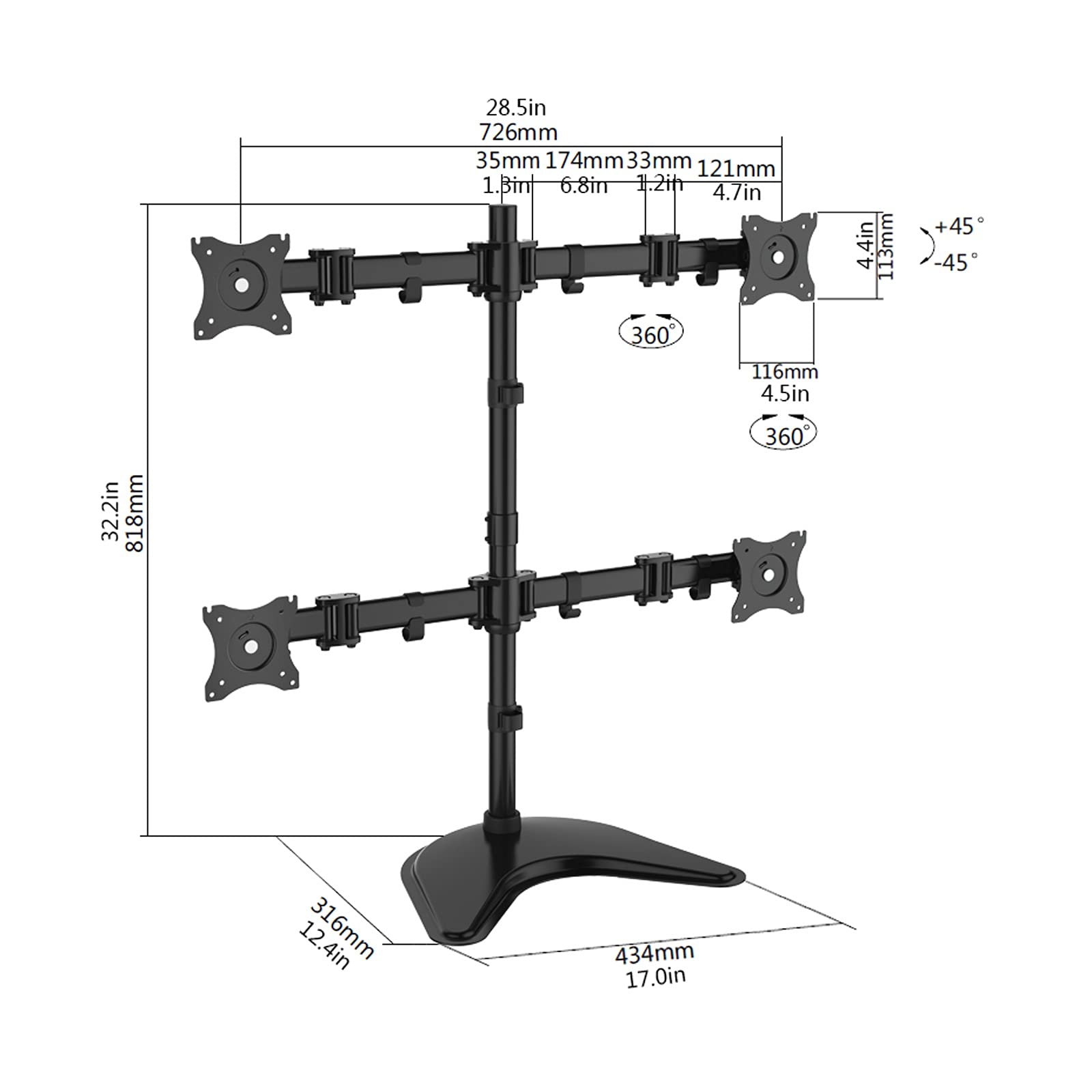 Supporto da scrivania per monitor Supporto da scrivania for monitor quad-screen da 13"-27" Supporto for monitor indipendente Staffa VESA regolabile con base allargata, ciascun braccio può sostenere fi