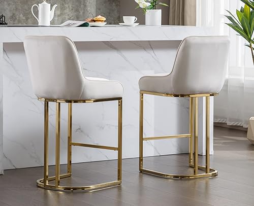 Miniatura 6 de EALSON Taburetes de bar modernos de altura de mostrador, juego de 2 cómodos taburetes de bar tapizados de lino con respaldo y base de metal,