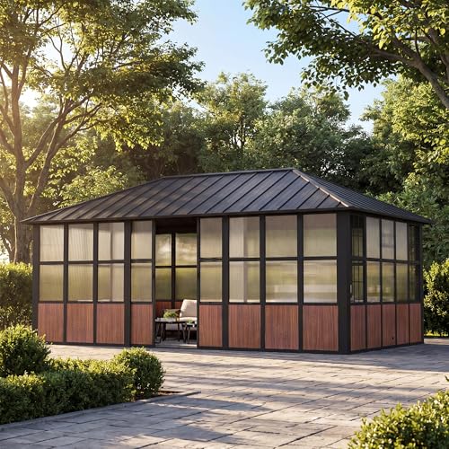 Modern Shade Clario Solarium 12x20 Sunroom Hardtop Gazebo with TV Mount & Sliding Doors Galvanized Steel Roof Screen House Ventilation Design & Wood Grain Finish All-Weather Aluminum Sun Room