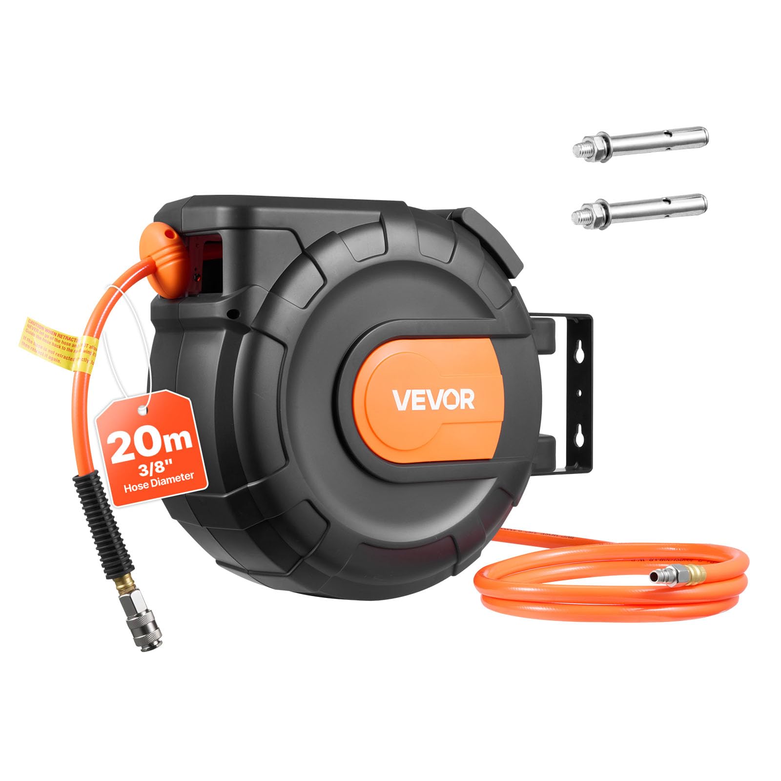 VEVOR Avvolgitubo per Aria Compressa Retrattile, Tubo Flessibile in PVC da 20 m x 9,5 mm, Massimo 300 PSI, con Riavvolgimento Automatico e Cavo da 2 m, Montaggio a Parete Girevole per Garage
