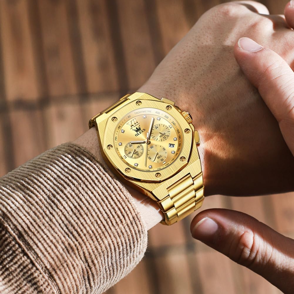 OLEVS Octagonal Watches for Men, Classic Stainless Steel Large Face Mens Dress Watches, Casual Waterproof Quartz Watches for Men, White/Black/Blue/Gold Dial - Image 3