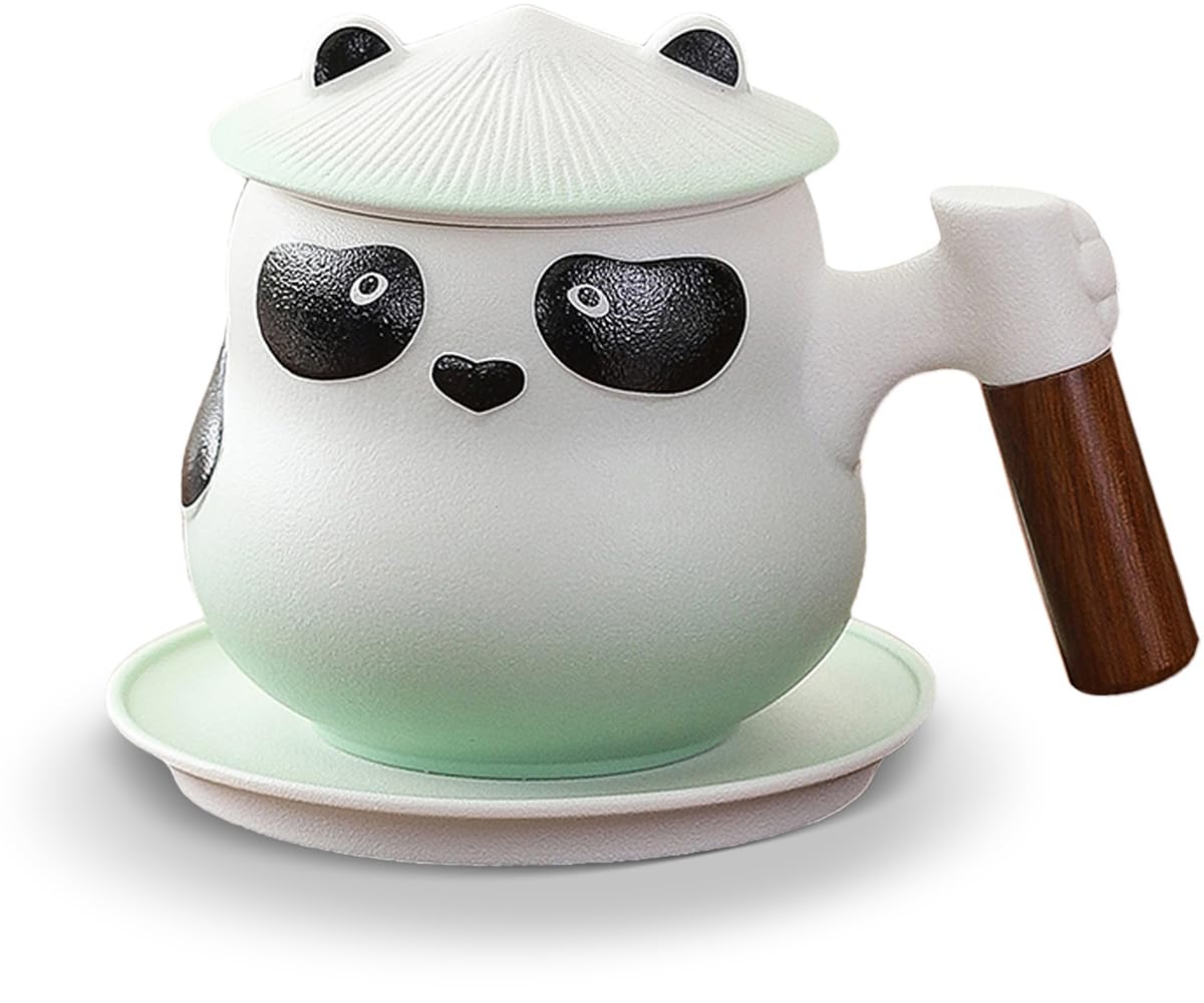 Chinese Panda Porcelain Tea Cup with Infuser Lid and Saucer Tea Mugs Wooden Handle 11oz, Ceramics ffee Mug Teacup Loose Leaf Tea Brewing Syem for Home Office (05-Green)