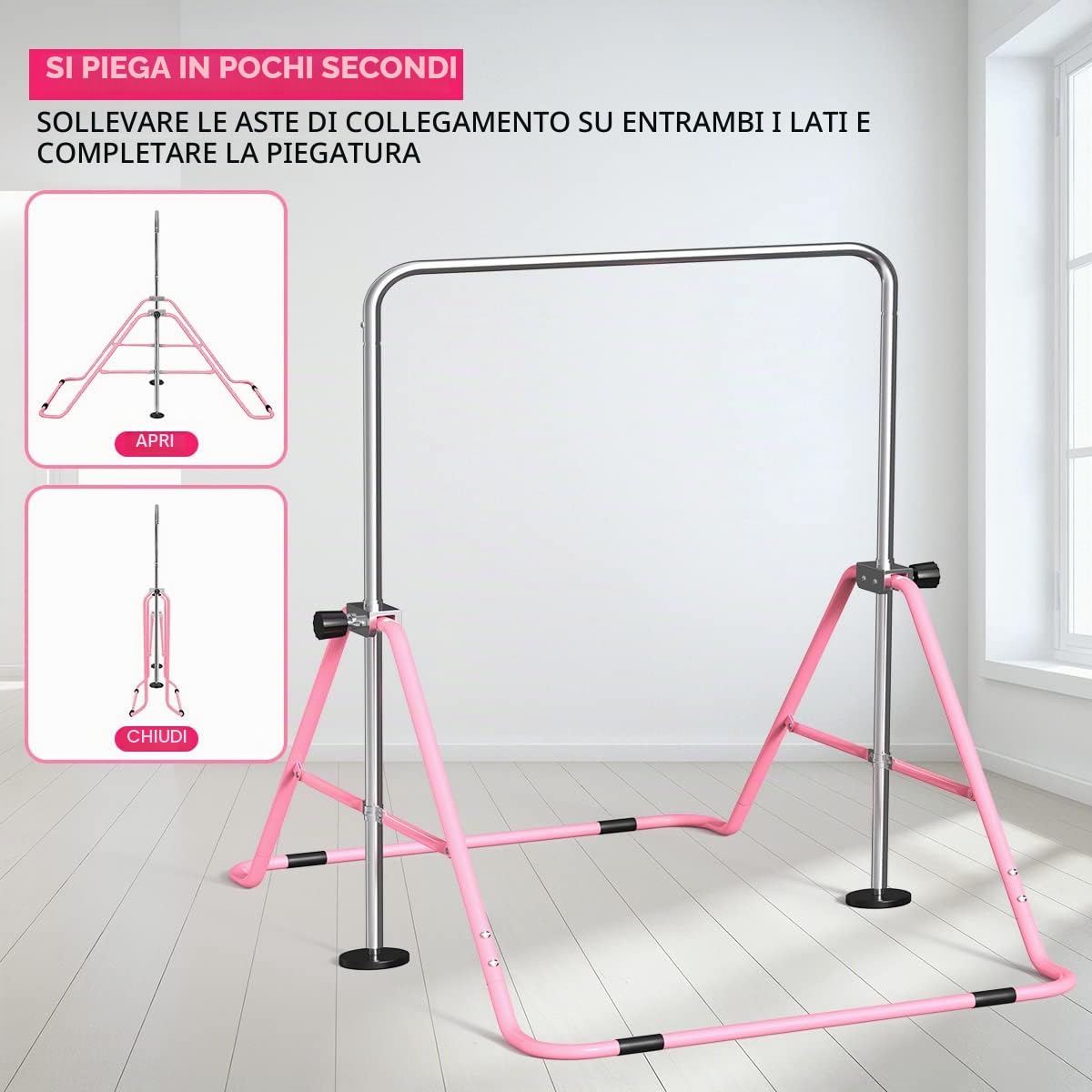 FBSPORT Barra da Ginnastica per Bambini con Altezza Regolabile Anelli Pieghevole Regolabile Espandibile Parallele Ginnastica Artistica, Ideale per Casa Junior