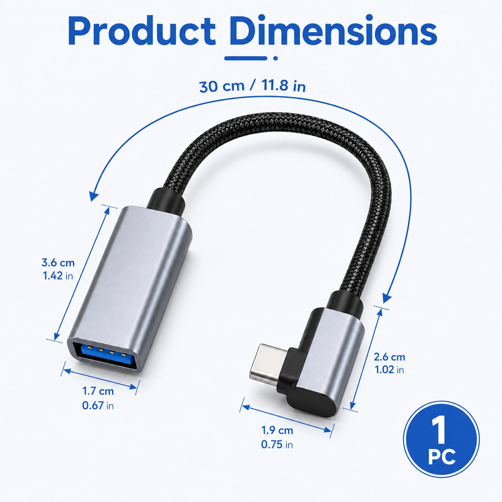 USB-C OTG Kabel, OTG Adapterkabel USB C 30cm 3.0 mit 90 Grad Winkel Typ C Stecker auf USB Buchse Konverter für Smartphone Tablet Laptop MacBook Tastatur Maus Hub Geräte, Datenübertragung bis 5Gbps