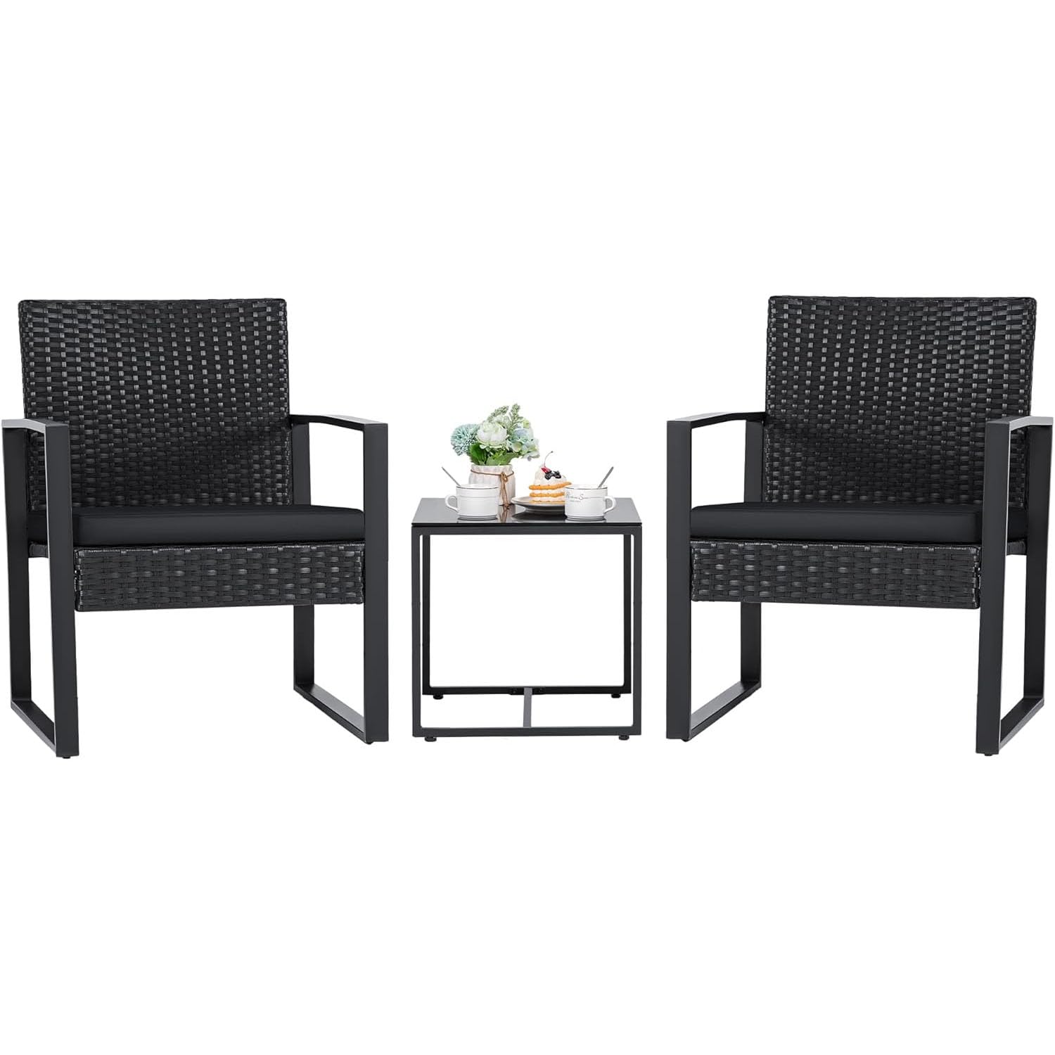 Taylor & Brown 3 Piece Bistro Set, Patio Rattan Furniture Set with Tempered Glass Coffee Table and Cushioned Chairs, Outdoor Wicker Conversation Sets for Garden Balcony Backyard Poolside (Black/Black)