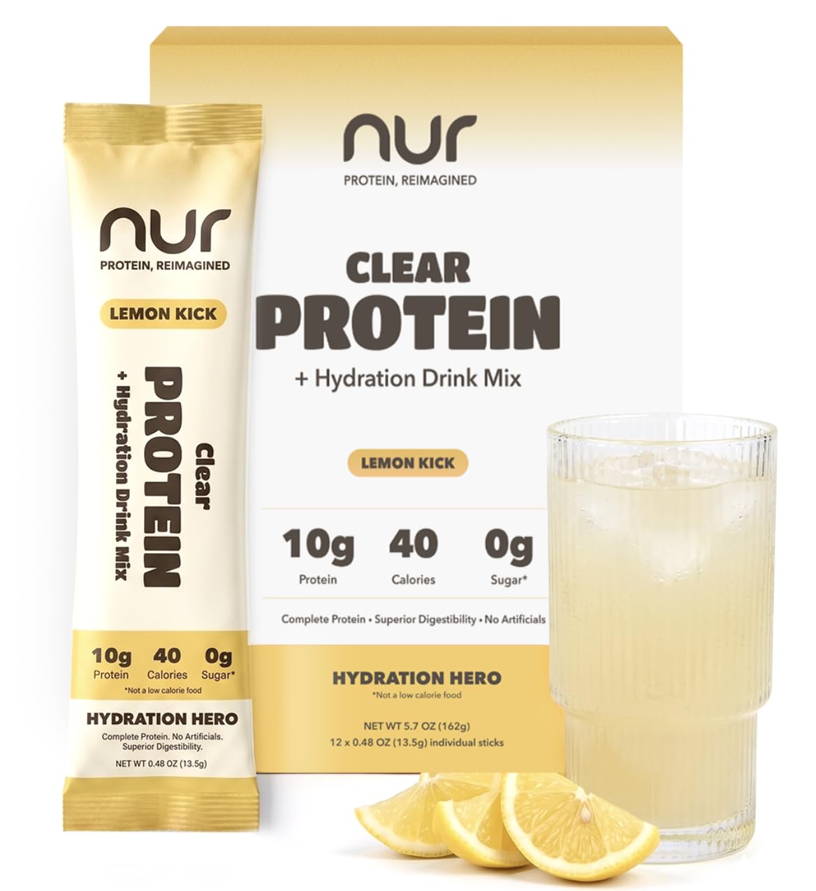 NUR Proteína de soro de leite clara com eletrólitos, 10 g de proteína BLG, sabor Lemon Kick, 12 sachês