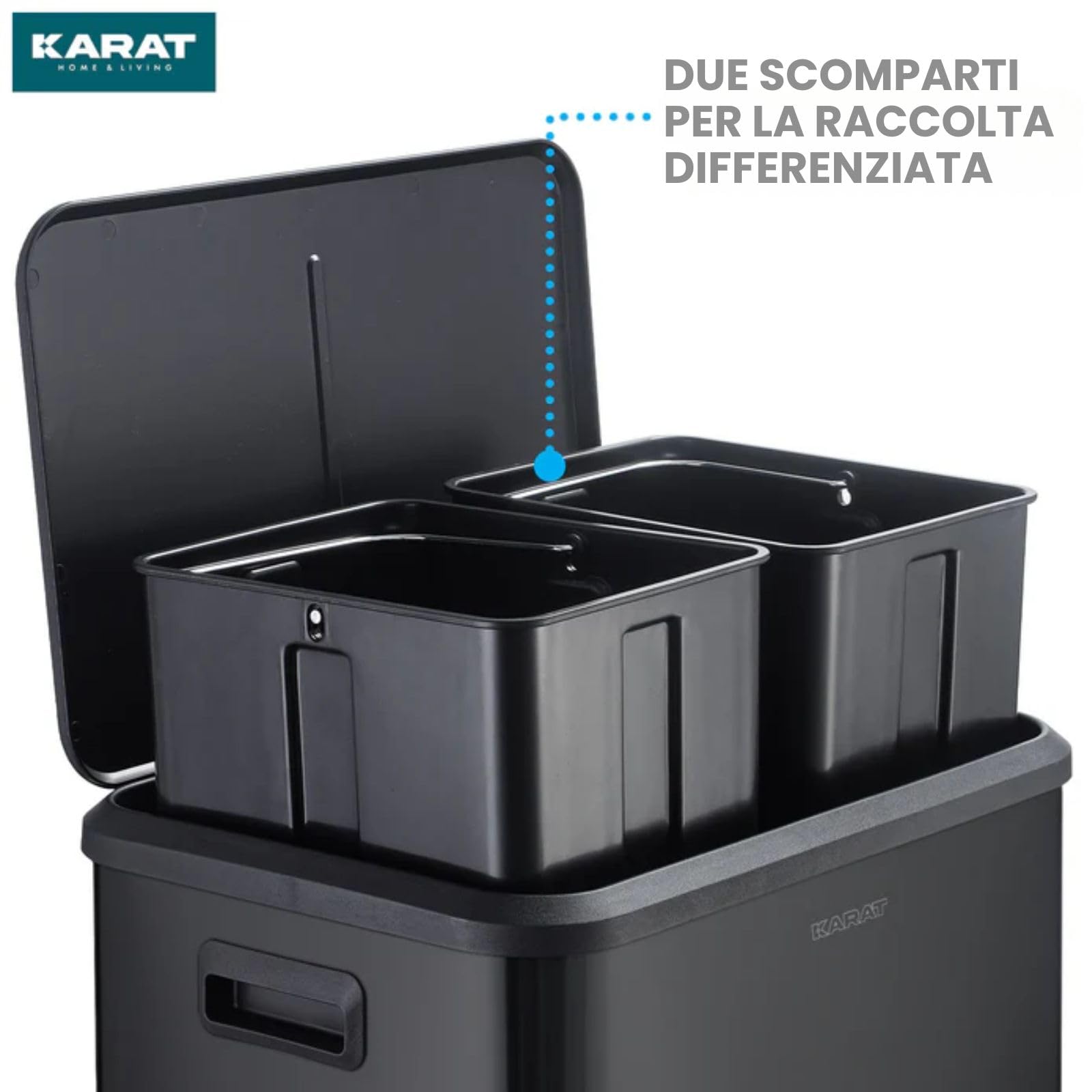 KARAT Pattumiera Nera 30 Litri - Chiusura Silenziosa & Pedale - Doppia Raccolta Differenziata (Jack)