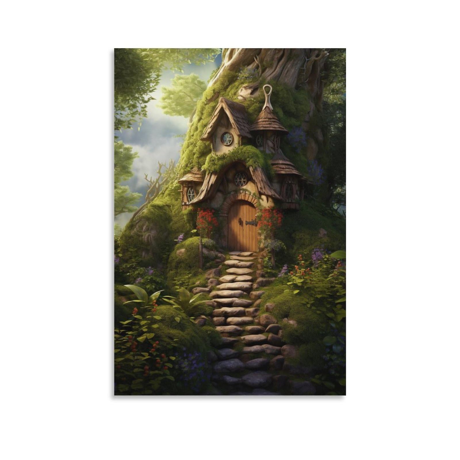 Foccar Unframe-Romantic Tree House Romantic Tree House Canvas Wall Art Gorgeous Nature Forest Flowers Posters Wall Decor Painting Art For Home Room Artwork