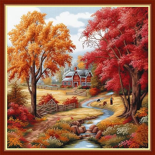 Image of Foxhool Beginners Cross Stitch Kits Stamped Full Range of Embroidery Kits for Adults DIY Cross Stitches kit Embroidery Patterns for Needlepoint kit-Autumnal Scenery 17.7x17.7 inch