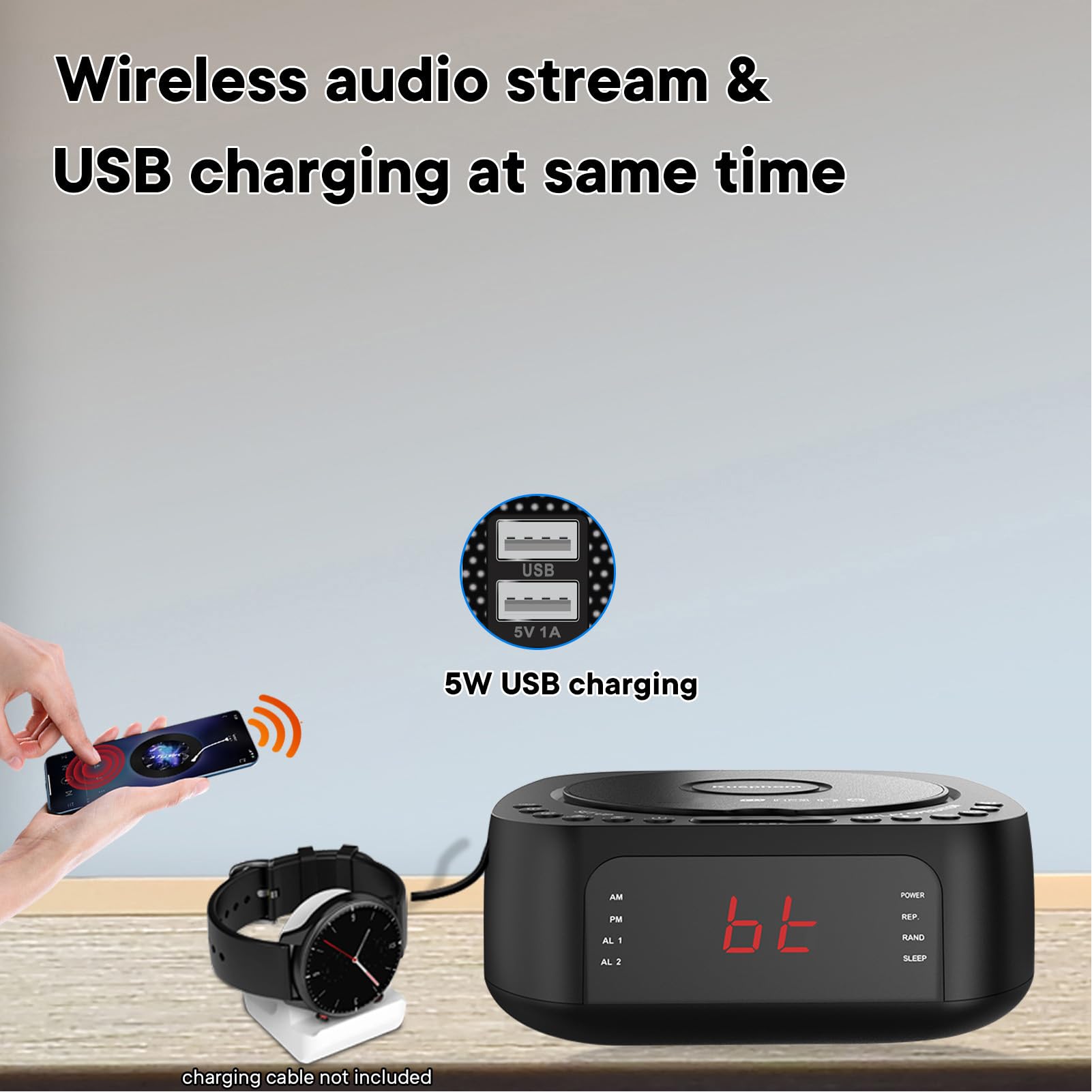 ciciglow Odtwarzacz CD Radio z Budzikiem, Stacjonarny Odtwarzacz CD z Bluetoothem i Przyciemnianym Wyświetlaczem, Radioodtwarzacz z Głośnikiem i Pilotem do Sypialni (wtyczka UE)