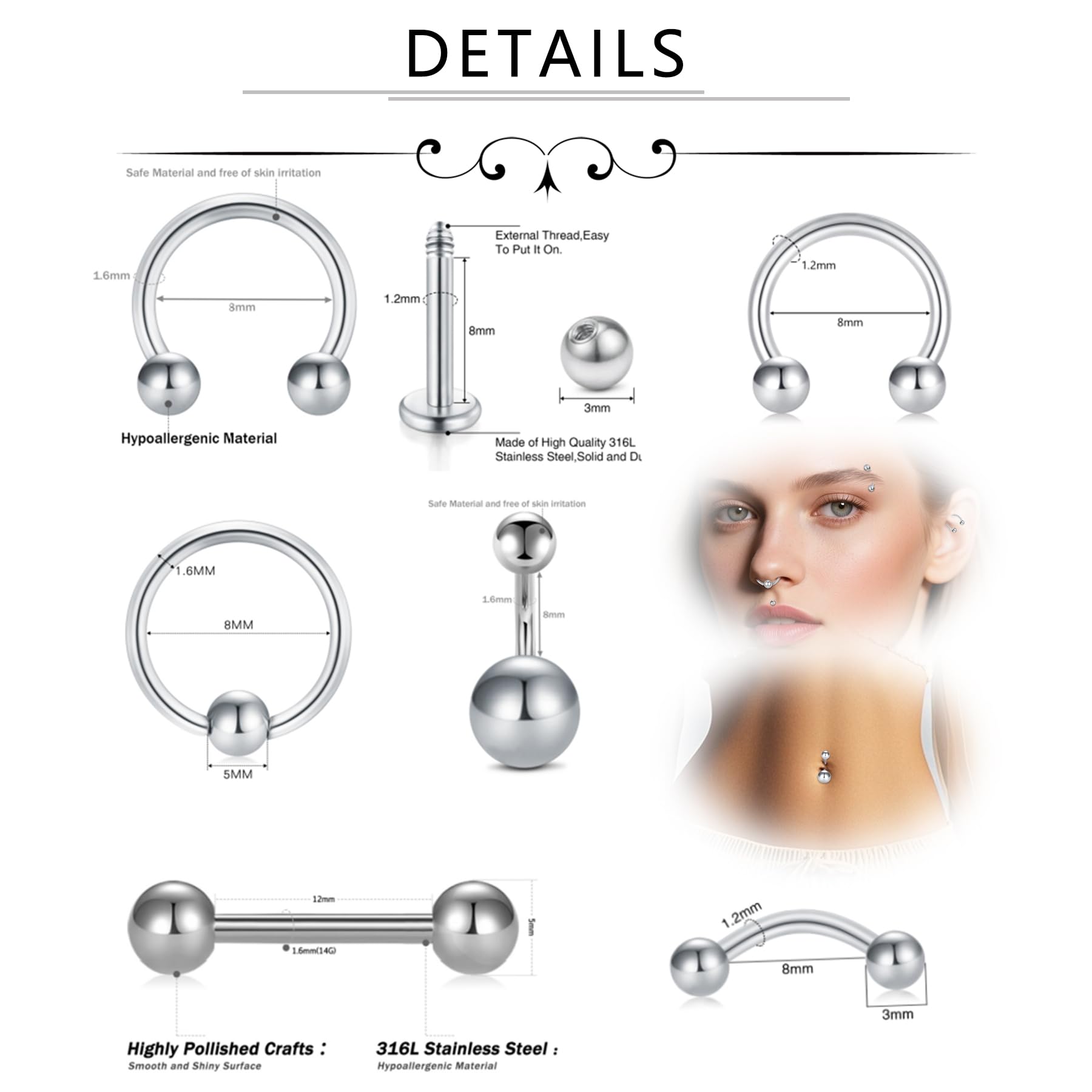 AceFun Profesjonalny zestaw do piercingu ciała, 14 G, 16 g, 18 g, 20 g, ze stali nierdzewnej, do uszu, nosa, przegrody nosowej, pępka, warg, brwi, brwi, biżuteria do ciała
