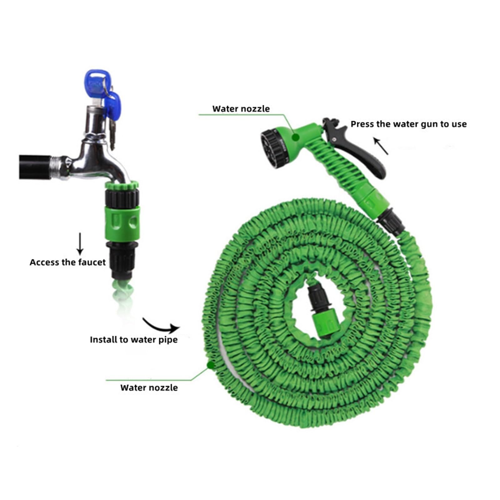 tubo da giardino, tubo di prolunga retrattile Modalità tubo da giardino Pistola ad acqua regolabile Schiuma Alta pressione Lavaggio auto Spruzzatore for fiori Strumenti di irrigazione(Green,150ft)