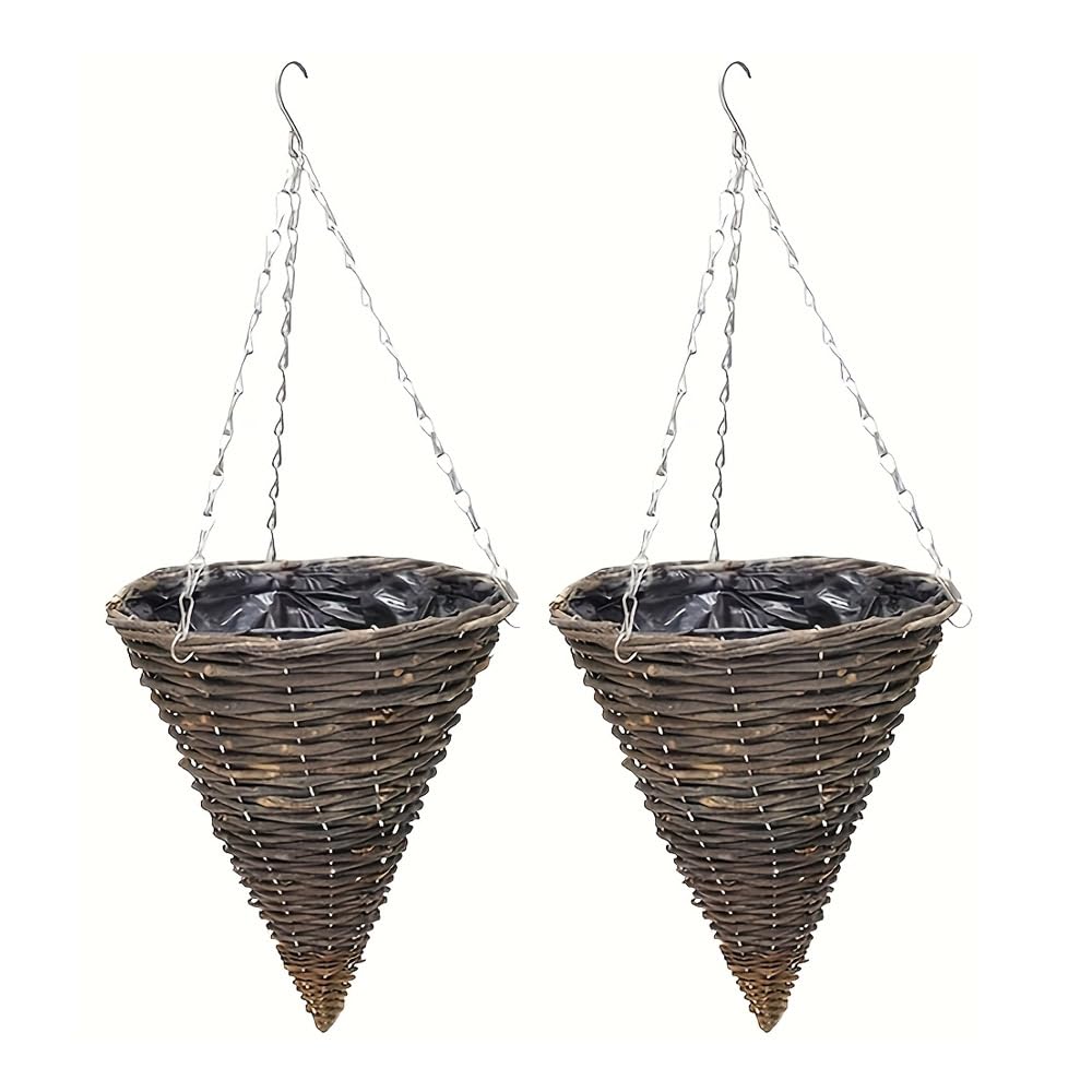 Wicker Basket Planters – Natural Rattan Willow Hanging Flower Pots with Polythene Liner & Metal Chain – Large Decorative Cone Shaped Hanging Planters for Indoor & Outdoor (Cone 30cm, 12Inch x 2Pack)