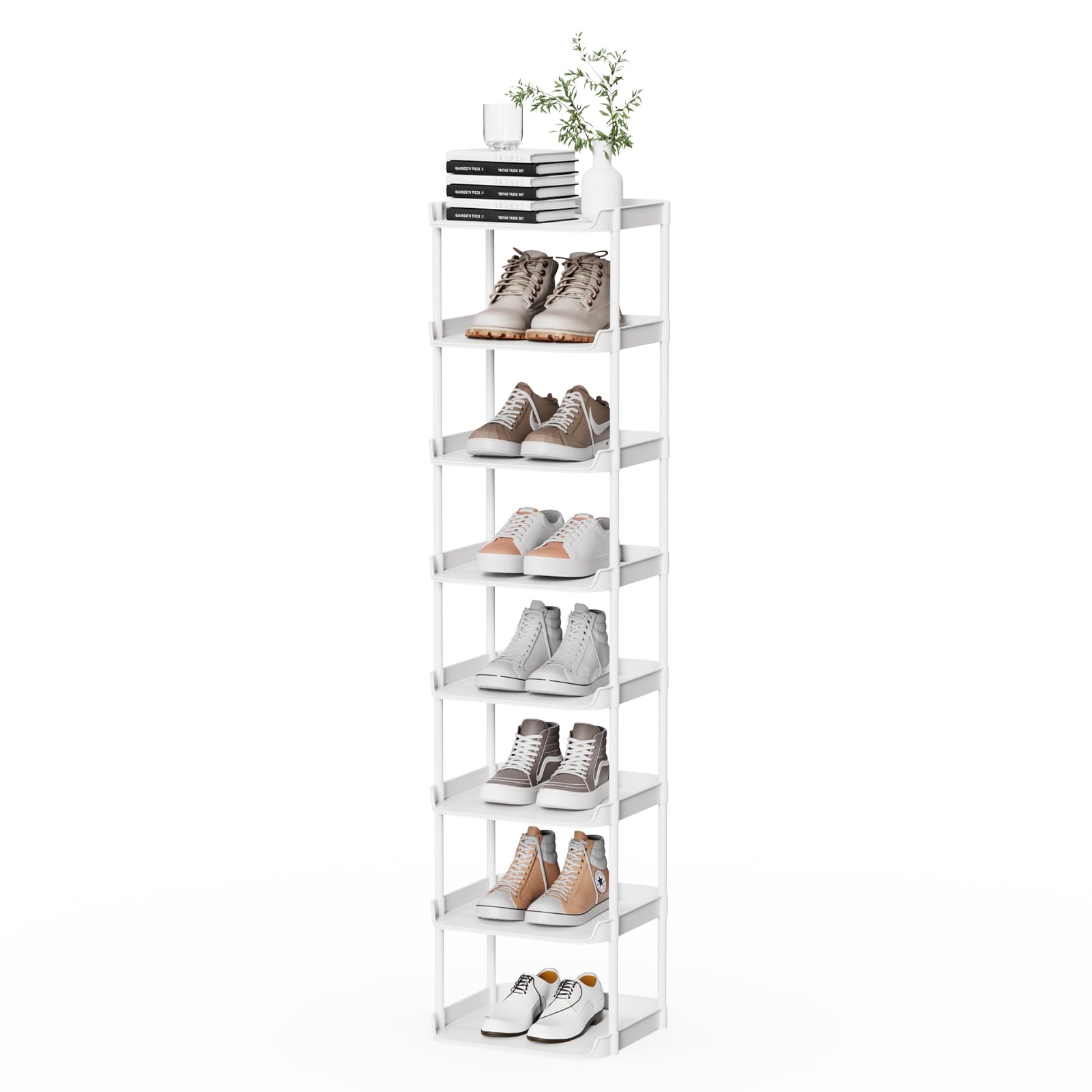 Altdnmaf Schmales Schuhregal kompakter Einzel-Schuhständer für schmale Räume, stapelbar, hoher, dünner Showturm, solide Kunststoffregale, für Flur, Küche, Schlafzimmer, ordentlicher