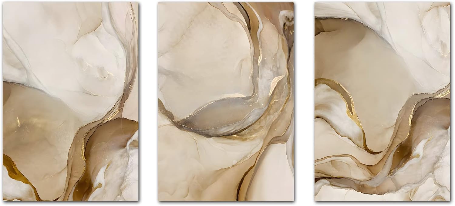Ecyanlv Abstract Marble Canvas Wall Art Modern Abstract Art Prints Brown and Gold Marble Wall Art Abstract Pictures Wall Decor Beige Canvas Painting for Bathroom Decor 16x24inchX3 Frameless image 2