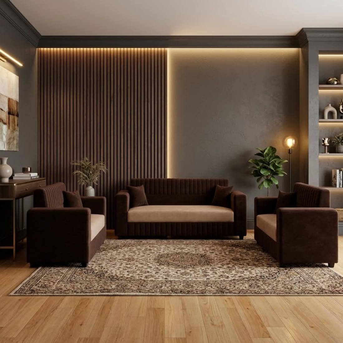 Alvaro Berry 5 Seater Velvet Fabric Sofa Set (3+1+1) Wooden Frame Living Room Sofa Furniture, Modern Space Saving Couch for Home, Office, Apartment - Beige & Dark Brown-image-4