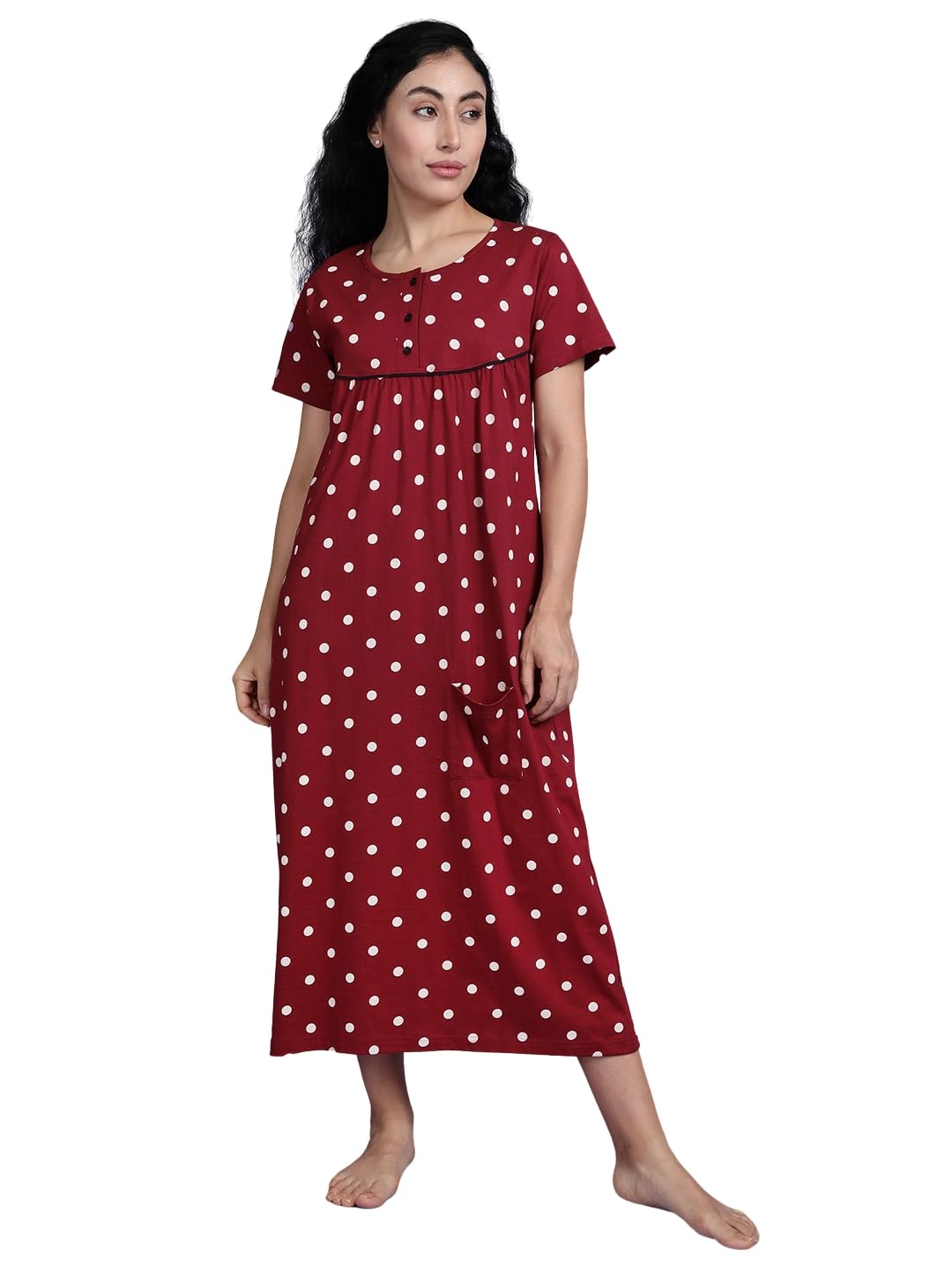 kryptic Womens Nightdress Pure Cotton Maroon Printed Maxi Length Relaxed fit Sleepdress Nightwear with Side Pocket and Chest Button Placket for Feeding(Maroon;L)-picture-13
