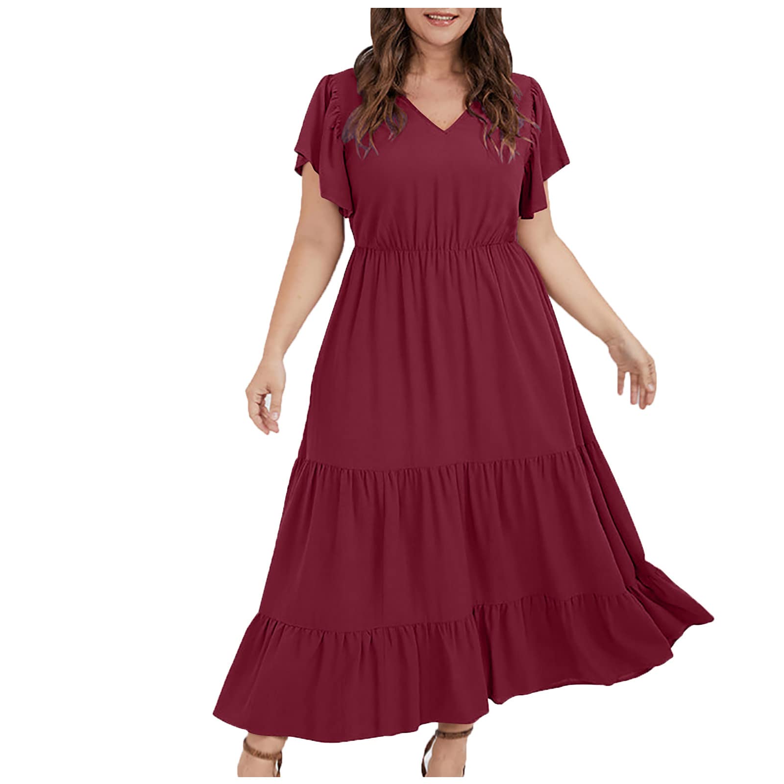 Stessotudo Womens Casual Plus Size Dresses Ruffle Sleeve V Neck Summer Maxi Dress Solid Empire Waist Pleated Long Beach Dress