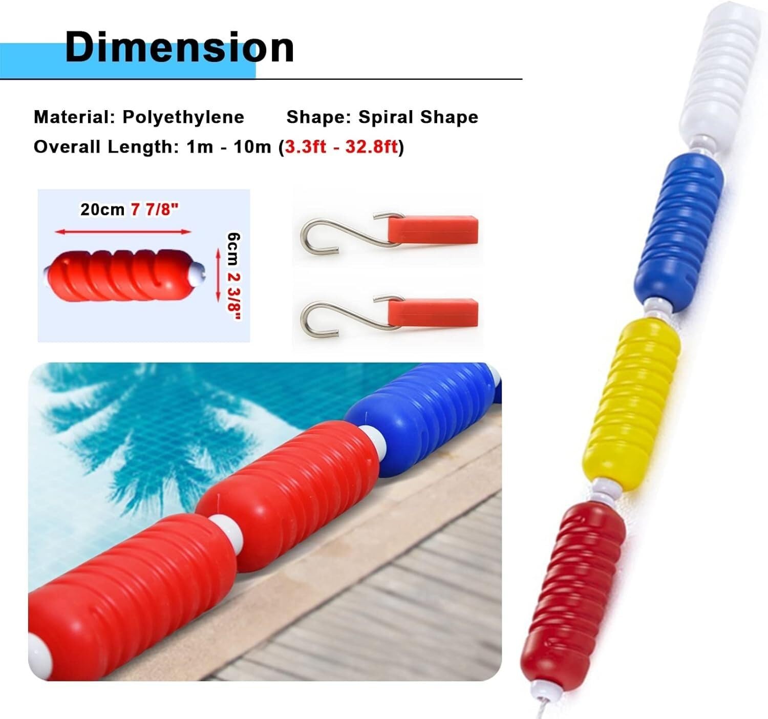 Kanduo Corda Galleggiante per Piscina Schwimmbad-Teiler Schwimmer Seil,2 Edelstahl-Haken,Pool-Zubehör,Schwimmer Teiler Seil